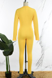 Yellow Casual Solid Basic Zipper Collar Skinny Jumpsuits
