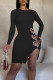 Black Sexy Hollowed Out Patchwork Slit Hot Drill O Neck Wrapped Skirt Dresses