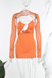 Orange Sexy Solid Hollowed Out V Neck Long Sleeve Dresses