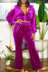 Rose Red Casual Solid Patchwork Draw String Pocket Zipper Turndown Collar Long Sleeve Two Pieces