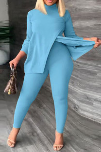 Light Blue Casual Solid Slit Turtleneck Plus Size Two Pieces