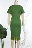 Army Green Casual Solid Tassel Patchwork O Neck Short Sleeve Dress