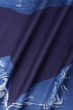 Blue Casual Print Hollowed Out Patchwork Turtleneck Long Dress Dresses