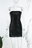 Black Sexy Solid Sequins Patchwork Backless Strapless Wrapped Skirt Dresses