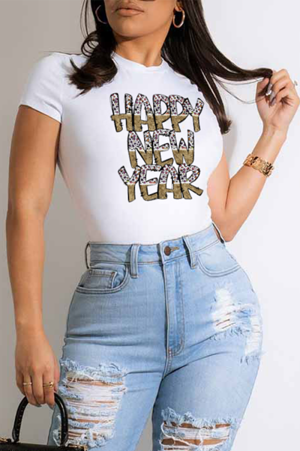 White Casual Daily Print Patchwork O Neck T-Shirts