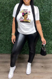 White Casual Vintage Print Patchwork O Neck T-Shirts