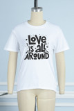White Casual Print Patchwork Letter O Neck T-Shirts