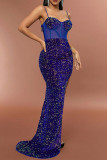 Royal Blue Sexy Formal Patchwork Sequins Backless Slit Spaghetti Strap Evening Dress Dresses