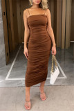 Apricot Sexy Casual Solid Backless Fold Spaghetti Strap Wrapped Skirt Dresses