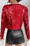 Red Casual Patchwork Sequins Cardigan Outerwear