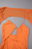 Orange Sexy Solid Hollowed Out V Neck Long Sleeve Dresses
