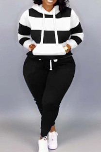 Black White Casual Patchwork Contrast Hooded Collar Plus Size Two Pieces