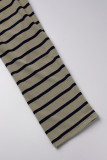Coffee Casual Striped Patchwork O Neck Long Sleeve Two Pieces