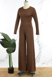 Coffee Casual Striped Patchwork O Neck Long Sleeve Two Pieces