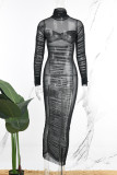 Blue Sexy Solid Patchwork Fold Turtleneck Pleated Dresses