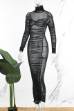 Blue Sexy Solid Patchwork Fold Turtleneck Pleated Dresses