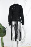 Black Casual Solid Tassel Hollowed Out O Neck Tops