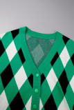 Green Casual Rhombic Patchwork Buttons V Neck Long Sleeve Two Pieces