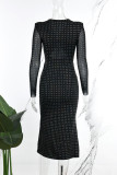 Black Sexy Casual Patchwork Sequins Frenulum V Neck Long Sleeve Dresses