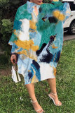 White Blue Casual Print Hollowed Out Half A Turtleneck Long Sleeve Dresses