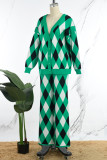 Green Casual Rhombic Patchwork Buttons V Neck Long Sleeve Two Pieces