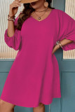 Rose Red Casual Solid Basic V Neck Long Sleeve Plus Size Dresses