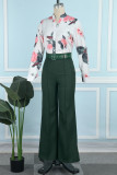Army Green Elegant Print Patchwork Buckle With Belt Shirt Collar Long Sleeve Two Pieces