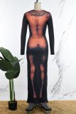 Skin Color Casual Print Basic O Neck Long Dress Dresses