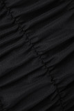Black Sexy Solid Hollowed Out See-through Fold O Neck Short Sleeve Dress