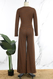 Coffee Casual Striped Patchwork O Neck Long Sleeve Two Pieces