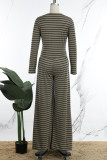 Coffee Casual Striped Patchwork O Neck Long Sleeve Two Pieces