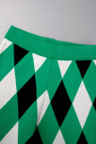 Green Casual Rhombic Patchwork Buttons V Neck Long Sleeve Two Pieces