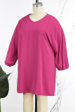 Rose Red Casual Solid Basic V Neck Long Sleeve Plus Size Dresses