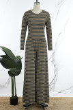 Coffee Casual Striped Patchwork O Neck Long Sleeve Two Pieces