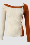 Apricot Casual Solid Sequins Patchwork V Neck Tops
