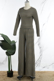 Coffee Casual Striped Patchwork O Neck Long Sleeve Two Pieces