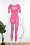 Pink Sexy Solid Hollowed Out Patchwork See-through O Neck Skinny Jumpsuits