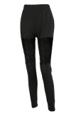 Pure Black Casual Solid Patchwork See-through Skinny High Waist Pencil Patchwork Trousers