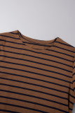 Coffee Casual Striped Patchwork O Neck Long Sleeve Two Pieces