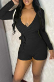 Red Street Solid Bandage Patchwork Draw String V Neck Skinny Rompers