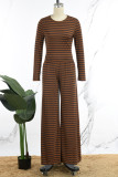 Coffee Casual Striped Patchwork O Neck Long Sleeve Two Pieces