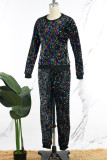 Colour Casual Patchwork Sequins O Neck Plus Size Two Pieces (Mask Included)
