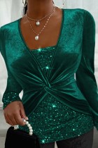 Green Casual Solid Sequins Patchwork V Neck Tops