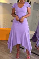 Purple Elegant Solid Patchwork Flounce U Neck Irregular Dress Dresses