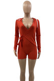 Red Street Solid Bandage Patchwork Draw String V Neck Skinny Rompers