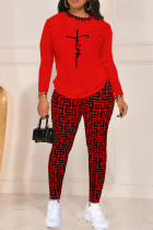 Red Casual Print Basic O Neck Long Sleeve Two Pieces