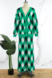 Green Casual Rhombic Patchwork Buttons V Neck Long Sleeve Two Pieces