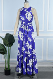 Blue Casual Print Frenulum O Neck Long Dress Dresses