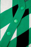 Green Casual Rhombic Patchwork Buttons V Neck Long Sleeve Two Pieces