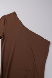 Dark Brown Sexy Casual Solid Backless Oblique Collar Long Dress Dresses